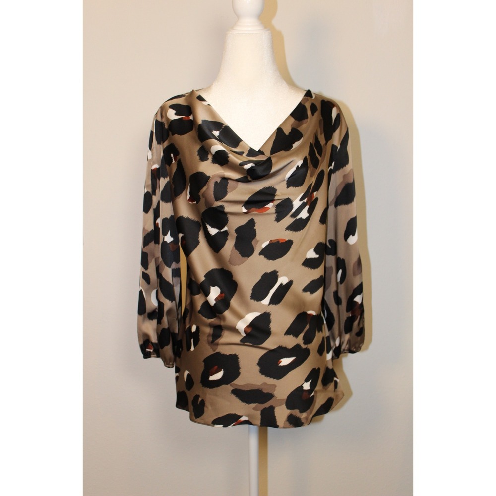 Joseph Ribkoff Leopard Print Cowl Neck Long Sleeve Satin Blouse Top Size 4